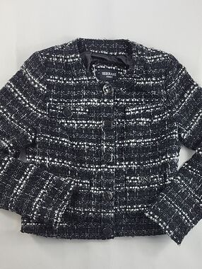 Serrani Italy Black White Tweed Bouclé Crop Jacket Button Front Size Small